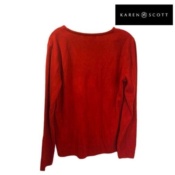 Karen Scott Red V-Neck Rhinestone Embellished Pullover Sweater - Picture 2 of 6